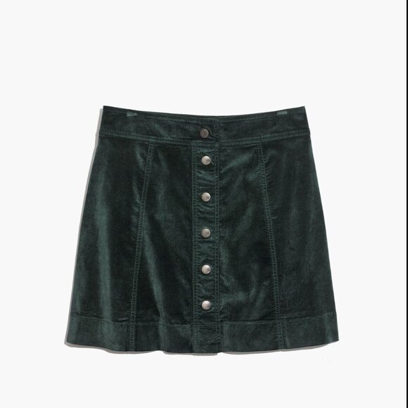 Madewell Velveteen A-Line Mini Skirt: Button-Front Edition Size 8 in Smoky Spruc - Picture 2 of 7